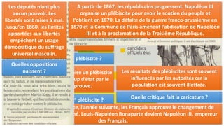 III. VOTER SOUS LE SECOND EMPIRE
(1852-1870):
Que se passe-t-il le 2 décembre 1851 ?
Louis-Napoléon Bonaparte, qui voit la fin de
son mandat arrivé et qui souhaite rester au
pouvoir, entreprend un coup d’état le 2
décembre 1851 pour s’emparer de tous les
pouvoirs.
Quel est le résultat du 1er plébiscite ?
Le 21 décembre 1851, il organise un plébiscite
afin de faire approuver le coup d’état par le
peuple. Le peuple approuve.
Quel est le résultat du 2ème plébiscite ?
Avec un deuxième plébiscite, l’année suivante, les Français approuve le changement de
régime. L’Empire est proclamé. Louis-Napoléon Bonaparte devient Napoléon III, empereur
des Français.
Quelle critique fait la caricature ?
Les résultats des plébiscites sont souvent
influencés par les autorités car la
population est souvent illettrée.
Quelle pratique est encouragée dans ce
texte ?
Les résultats des plébiscites sont souvent
influencés par les autorités car la
population est souvent illettrée.
Les députés n’ont plus
aucun pouvoir. Les
libertés sont mises à mal.
Jusqu’en 1860, les limites
apportées aux libertés
empêchent un usage
démocratique du suffrage
universel masculin.
Quelles oppositions
naissent ?
A partir de 1867, les républicains progressent. Napoléon III
organise un plébiscite pour avoir le soutien du peuple et
l’obtient en 1870. La défaite de la guerre franco-prussienne en
1870 et la Commune de Paris amènent l’abdication de Napoléon
III et à la proclamation de la Troisième République.
 