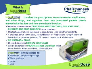 can be packaged as:
Multidose Compliance package
Blister package
Liquids
Vials
transfers the prescriptions, over-the-counter medications,
and other drugs, and organizes them into pre-sorted packets clearly
marked with the date and time they should be taken.
What is
Alerts for pharmacists for DRUG TO DRUG INTERACTIONS, DUPLICATE DRUG
THERAPIES AND DRUG ALLERGIES for each patient.
 This technology allows caregivers to spend more time with their residents.
 It provides, down to the dose, accountability for medications –we get the used
boxes back to pharmacy on next fill to see if patient took all the meds.
 NO WASTAGE or SPILLS.
 Checks & improves MEDICAL COMPLIANCE
 Can be dispensed in PROGRAMMABLE DISPENSER which
alerts the user when it is time to take medicine.
 