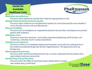 Causes for
Avoidable
Healthcare Costs
Medication non-adherence
This occurs when patients do not take their medicines appropriately or at all.
Delayed evidenced-based treatment practice
This occurs when medicines are not delivered to patients at a time that would be most valuable in
terms of health outcome and cost effectiveness.
Misuse of antibiotic
This occurs due to misdiagnosis or inappropriate decisions by prescribers and dispensers to provide
patients with antibiotics.
Medication errors
These occur across four processes—prescribing, preparation/dispensing, administration, and
monitoring—and often result in costly complications.
Suboptimal use of generics
This occurs if there is an unexploited opportunity for greater use of safe, less costly generics in
the market once patented drugs have lost their legal protection. The opportunity varies by
therapy class.
Mismanaged poly-pharmacy
This occurs when healthcare professionals do not, or cannot, adequately oversee patients who
take multiple medicines concurrently.
Harmful Drug to Drug Interaction
This occurs when the effect of a particular drug is altered when it is taken
with another drug, or with food.
 
