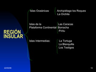 REGIÓN INSULAR Islas Oceánicas  Archipiélago los Roques   La Orchila   Islas de la    Las Caracas Plataforma Continental  Borracha   Píritu Islas Intermedias:  La Tortuga   La Blanquilla   Los Testigos 