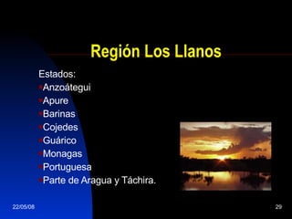 Región Los Llanos Estados:  Anzoátegui  Apure Barinas Cojedes Guárico  Monagas Portuguesa Parte de Aragua y Táchira.   