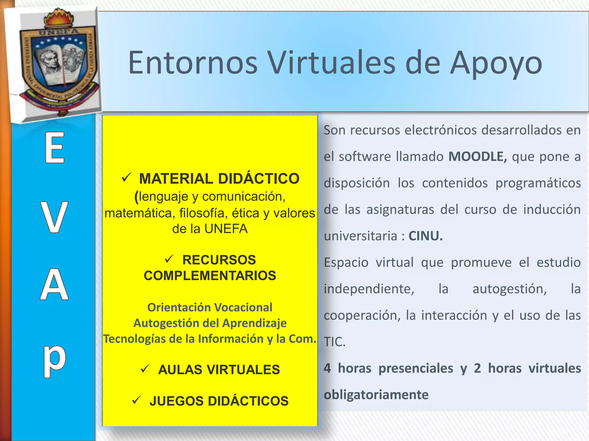 Son recursos electrónicos desarrollados en
el software llamado MOODLE, que pone a
disposición los contenidos programáticos
de las asignaturas del curso de inducción
universitaria : CINU.
Espacio virtual que promueve el estudio
independiente, la autogestión, la
cooperación, la interacción y el uso de las
TIC.
4 horas presenciales y 2 horas virtuales
obligatoriamente
 MATERIAL DIDÁCTICO
(lenguaje y comunicación,
matemática, filosofía, ética y valores
de la UNEFA
 RECURSOS
COMPLEMENTARIOS
Orientación Vocacional
Autogestión del Aprendizaje
Tecnologías de la Información y la Com.
 AULAS VIRTUALES
 JUEGOS DIDÁCTICOS
Entornos Virtuales de Apoyo
 