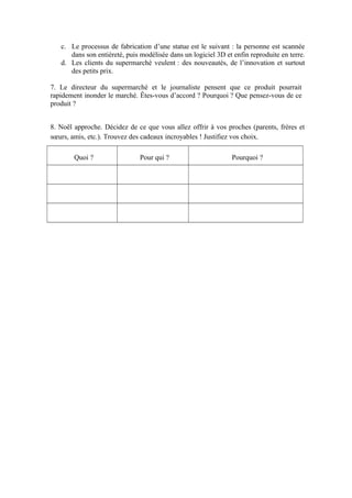 c. Le processus de fabrication d’une statue est le suivant : la personne est scannée
dans son entièreté, puis modélisée dans un logiciel 3D et enfin reproduite en terre.
d. Les clients du supermarché veulent : des nouveautés, de l’innovation et surtout
des petits prix.
7. Le directeur du supermarché et le journaliste pensent que ce produit pourrait
rapidement inonder le marché. Êtes-vous d’accord ? Pourquoi ? Que pensez-vous de ce
produit ?
8. Noël approche. Décidez de ce que vous allez offrir à vos proches (parents, frères et
sœurs, amis, etc.). Trouvez des cadeaux incroyables ! Justifiez vos choix.
Quoi ?

Pour qui ?

Pourquoi ?

 