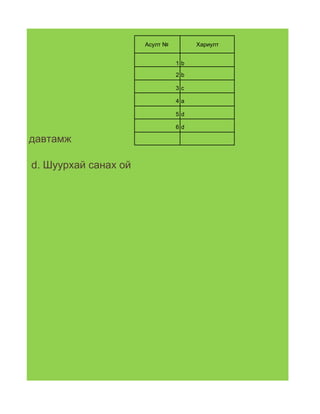 Асулт №        Хариулт


                                     1b

                                     2b

                                     3c

                                     4a

                                     5d

                                     6d

льсэн давтамж

рөмж d. Шуурхай санах ой
 