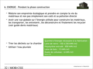 6- ENERGIE – Pendant la phase construction
 Réduire son empreinte écologique et prendre en compte la vie du
matériaux et non pas simplement son coût et sa pollution directe
 Avoir une vue globale sur l’énergie utilisée pour construire les matériaux,
les transporter, les entretenir, les déconstruire et finalement les recycler
(voir guide denis matériaux)

 Trier les déchets sur le chantier
 Utiliser l’eau pluviale

Quantité d’énergie nécessaire à la fabrication :
Laine de verre : 150 à 250 kWh/m3
Polystyrène extrudé : 850 kWh/m3
Laine de bois : 13 kWh/m3
Ouate de cellulose : 6 kWh/m3
Source CLE

32 | MOB CEE

All Right Reserved © A. POULAIN 2010

 