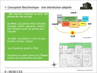 1- Conception Bioclimatique – Une distribution adaptée


Des espaces tampons au nord. Des
pièces de vies au sud.

 Au Nord, Les pièces moins chaudes
(Garage, cellier, placards, couloir)
font tampons avec les pièces plus
chaudes




Au Sud : Les pièces à vivre le jour..
Cuisine, bureau, Séjour
Les Chambres plutôt à l’Est

 Attention au soleil rasant sur l’Ouest
créant des surchauffes estivales

8 | MOB CEE

All Right Reserved © A. POULAIN 2010

 