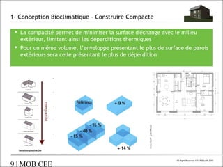 1- Conception Bioclimatique – Construire Compacte
 La compacité permet de minimiser la surface d'échange avec le milieu
extérieur, limitant ainsi les déperditions thermiques
 Pour un même volume, l’enveloppe présentant le plus de surface de parois
extérieurs sera celle présentant le plus de déperdition

lamaisonpassive.be

9 | MOB CEE

All Right Reserved © A. POULAIN 2010

 