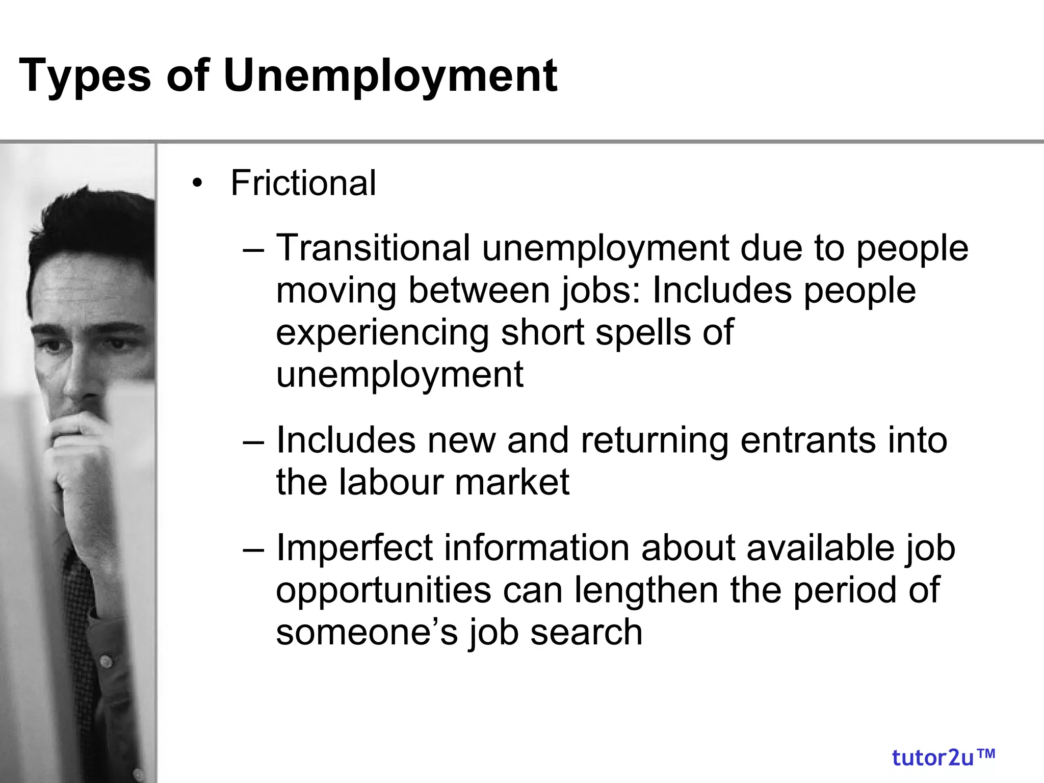 Types of Unemployment Frictional  Transitional unemployment due to people moving between jobs:  Includes people experiencing short spells of unemployment Includes new and returning entrants into the labour market Imperfect information about available job opportunities can lengthen the period of someone’s job search 