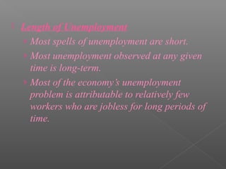    Length of Unemployment
    › Most spells of unemployment are short.
    › Most unemployment observed at any given
      time is long-term.
    › Most of the economy’s unemployment
      problem is attributable to relatively few
      workers who are jobless for long periods of
      time.
 