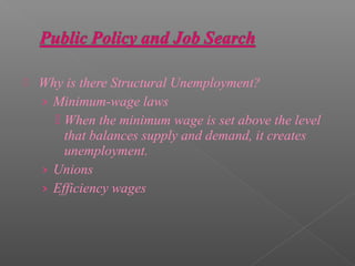    Why is there Structural Unemployment?
    › Minimum-wage laws
       When the minimum wage is set above the level
        that balances supply and demand, it creates
        unemployment.
    › Unions
    › Efficiency wages
 