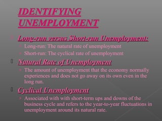    Long-run versus Short-run Unemployment:
    › Long-run: The natural rate of unemployment
    › Short-run: The cyclical rate of unemployment
   Natural Rate of Unemployment
    › The amount of unemployment that the economy normally
      experiences and does not go away on its own even in the
      long run.
   Cyclical Unemployment
    › Associated with with short-term ups and downs of the
      business cycle and refers to the year-to-year fluctuations in
      unemployment around its natural rate.
 