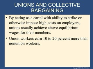 Copyright © 2004 South-Western
UNIONS AND COLLECTIVE
BARGAINING
• By acting as a cartel with ability to strike or
otherwise impose high costs on employers,
unions usually achieve above-equilibrium
wages for their members.
• Union workers earn 10 to 20 percent more than
nonunion workers.
 