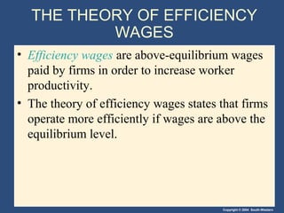 Copyright © 2004 South-Western
THE THEORY OF EFFICIENCY
WAGES
• Efficiency wages are above-equilibrium wages
paid by firms in order to increase worker
productivity.
• The theory of efficiency wages states that firms
operate more efficiently if wages are above the
equilibrium level.
 