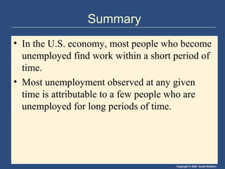 Copyright © 2004 South-Western
Summary
• In the U.S. economy, most people who become
unemployed find work within a short period of
time.
• Most unemployment observed at any given
time is attributable to a few people who are
unemployed for long periods of time.
 