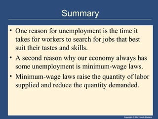 Copyright © 2004 South-Western
Summary
• One reason for unemployment is the time it
takes for workers to search for jobs that best
suit their tastes and skills.
• A second reason why our economy always has
some unemployment is minimum-wage laws.
• Minimum-wage laws raise the quantity of labor
supplied and reduce the quantity demanded.
 