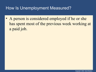 Copyright © 2004 South-Western
How Is Unemployment Measured?
• A person is considered employed if he or she
has spent most of the previous week working at
a paid job.
 