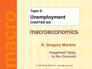 macroeconomics
fifth edition
N. Gregory Mankiw
PowerPoint®
Slides
by Ron Cronovich
macro
© 2002 Worth Publishers, all rights reserved
Topic 6:
Unemployment
CHAPTER SIX
 
