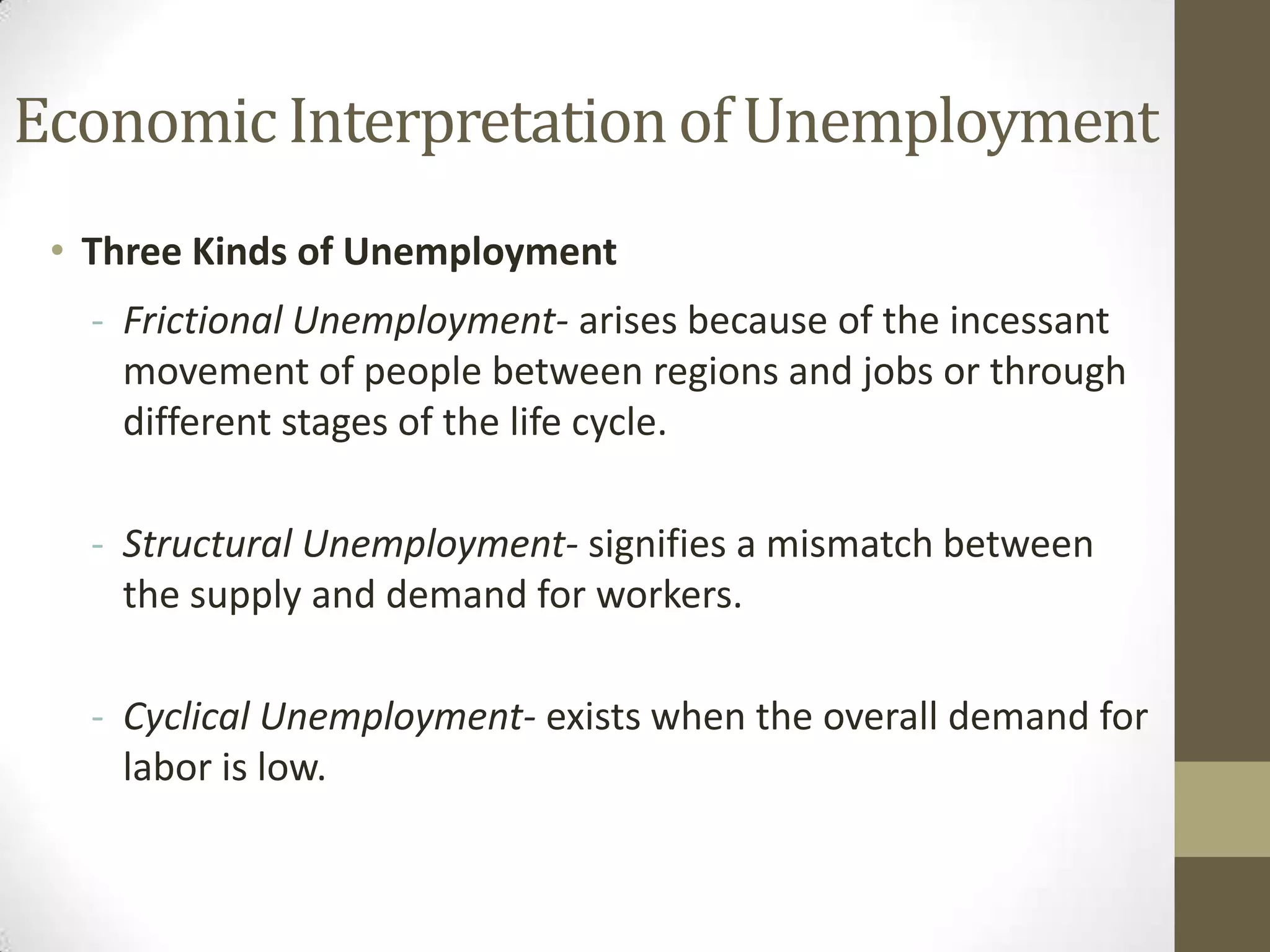 Economic Interpretation of Unemployment
 • Three Kinds of Unemployment
   - Frictional Unemployment- arises because of the incessant
     movement of people between regions and jobs or through
     different stages of the life cycle.

   - Structural Unemployment- signifies a mismatch between
     the supply and demand for workers.

   - Cyclical Unemployment- exists when the overall demand for
     labor is low.
 