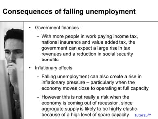 tutor2u™
Consequences of falling unemployment
• Government finances:
– With more people in work paying income tax,
national insurance and value added tax, the
government can expect a large rise in tax
revenues and a reduction in social security
benefits
• Inflationary effects
– Falling unemployment can also create a rise in
inflationary pressure – particularly when the
economy moves close to operating at full capacity
– However this is not really a risk when the
economy is coming out of recession, since
aggregate supply is likely to be highly elastic
because of a high level of spare capacity
 
