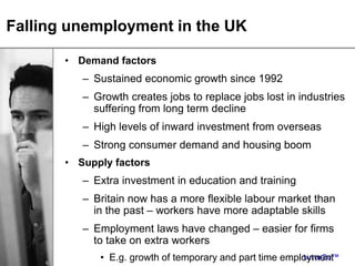 tutor2u™
Falling unemployment in the UK
• Demand factors
– Sustained economic growth since 1992
– Growth creates jobs to replace jobs lost in industries
suffering from long term decline
– High levels of inward investment from overseas
– Strong consumer demand and housing boom
• Supply factors
– Extra investment in education and training
– Britain now has a more flexible labour market than
in the past – workers have more adaptable skills
– Employment laws have changed – easier for firms
to take on extra workers
• E.g. growth of temporary and part time employment
 