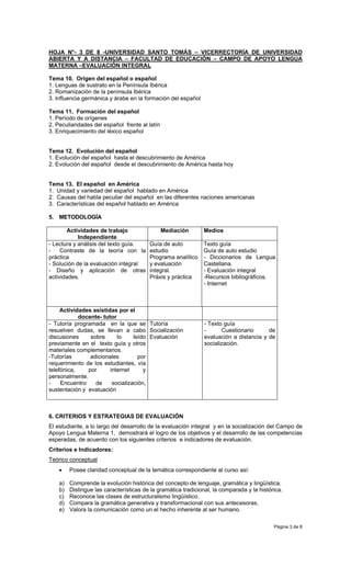 HOJA N°- 3 DE 8 -UNIVERSIDAD SANTO TOMÁS – VICERRECTORÍA DE UNIVERSIDAD
ABIERTA Y A DISTANCIA – FACULTAD DE EDUCACIÓN – CAMPO DE APOYO LENGUA
MATERNA –EVALUACIÓN INTEGRAL

Tema 10. Origen del español o español
1. Lenguas de sustrato en la Península Ibérica
2. Romanización de la península Ibérica
3. Influencia germánica y árabe en la formación del español

Tema 11. Formación del español
1. Período de orígenes
2. Peculiaridades del español frente al latín
3. Enriquecimiento del léxico español


Tema 12. Evolución del español
1. Evolución del español hasta el descubrimiento de América
2. Evolución del español desde el descubrimiento de América hasta hoy


Tema 13. El español en América
1. Unidad y variedad del español hablado en América
2. Causas del habla peculiar del español en las diferentes naciones americanas
3. Características del español hablado en América

5. METODOLOGÍA

       Actividades de trabajo                   Mediación      Medios
            Independiente
- Lectura y análisis del texto guía.     Guía de auto      - Texto guía
-    Contraste de la teoría con la       estudio             Guía de auto estudio
práctica                                 Programa analítico - Diccionarios de Lengua
- Solución de la evaluación integral     y evaluación        Castellana.
- Diseño y aplicación de otras           integral.           - Evaluación integral
actividades.                             Práxis y práctica   -Recursos bibliográficos.
                                                             - Internet



     Actividades asistidas por el
            docente- tutor
- Tutoría programada en la que se Tutoría                       - Texto guía
resuelven dudas, se llevan a cabo Socialización                 -      Cuestionario      de
discusiones     sobre      lo     leído Evaluación              evaluación a distancia y de
previamente en el texto guía y otros                            socialización.
materiales complementarios.
-Tutorías       adicionales         por
requerimiento de los estudiantes, vía
telefónica,    por      internet      y
personalmente.
-    Encuentro    de     socialización,
sustentación y evaluación



6. CRITERIOS Y ESTRATEGIAS DE EVALUACIÓN
El estudiante, a lo largo del desarrollo de la evaluación integral y en la socialización del Campo de
Apoyo Lengua Materna 1, demostrará el logro de los objetivos y el desarrollo de las competencias
esperadas, de acuerdo con los siguientes criterios e indicadores de evaluación.
Criterios e Indicadores:
Teórico conceptual
    •    Posee claridad conceptual de la temática correspondiente al curso así:

    a)   Comprende la evolución histórica del concepto de lenguaje, gramática y lingüística.
    b)   Distingue las características de la gramática tradicional, la comparada y la histórica.
    c)   Reconoce las clases de estructuralismo lingüístico.
    d)   Compara la gramática generativa y transformacional con sus antecesoras.
    e)   Valora la comunicación como un el hecho inherente al ser humano.

                                                                                            Página 3 de 8
 