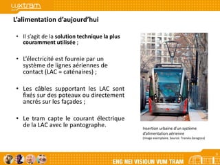 9
L’alimentation d’aujourd’hui
• Il s’agit de la solution technique la plus
couramment utilisée ;
• L’électricité est fournie par un
système de lignes aériennes de
contact (LAC = caténaires) ;
• Les câbles supportant les LAC sont
fixés sur des poteaux ou directement
ancrés sur les façades ;
• Le tram capte le courant électrique
de la LAC avec le pantographe. Insertion urbaine d’un système
d’alimentation aérienne
(Image exemplaire. Source: Tranvìa Zaragoza)
9
 