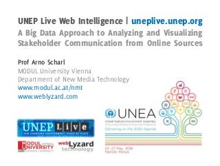 UNEP Live Web Intelligence | uneplive.unep.org
A Big Data Approach to Analyzing and Visualizing
Stakeholder Communication from Online Sources
Prof Arno Scharl
MODUL University Vienna
Department of New Media Technology
www.modul.ac.at/nmt
www.weblyzard.com
 