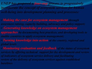 UNEP has proposed a four-step process to progressively
incorporate the concept of ecosystem services for human
well-being into development planning and processes:
• Making the case for ecosystem management through
awareness raising, capacity building, advocacy and policy support;
• .Generating knowledge on ecosystem management
approaches by documenting best practices, and developing tools to
enable countries to apply ecosystem management;
• Turning knowledge into action at the country, regional and
global levels
• Monitoring evaluation and feedback of the status of ecosystem
services by offering technical support for the development and review
of indicators of ecosystem service delivery and facilitating
review of the delivery of ecosystem services against established
baselines
 