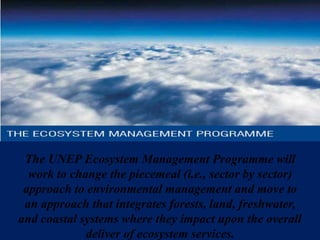 The UNEP Ecosystem Management Programme will
work to change the piecemeal (i.e., sector by sector)
approach to environmental management and move to
an approach that integrates forests, land, freshwater,
and coastal systems where they impact upon the overall
deliver of ecosystem services.
 