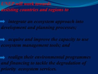 UNEP will work towards
assisting countries and regions to:
integrate an ecosystem approach into
development and planning processes;
acquire and improve the capacity to use
ecosystem management tools; and
realign their environmental programmes
and financing to tackle the degradation of
priority ecosystem services.
 