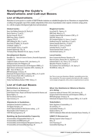 Navigating the Guide’s
Illustrations and Call-out Boxes
List of Illustrations
Illustrations of current practice in a number of UNEP FI Member institutions are embedded throughout the text. Illustrations are categorised below
according to the geographic scope of their activities, independently of their area(s) of specialisation (retail, corporate, investment, savings, private,
etc.), with the exception of development banks (local and international).

Global banks                                                                    Regional banks
Banco Itaú Holding Financeira S.A., Brazil p.23                                 Access Bank Plc., Nigeria p. 14
Bank of America p. 15 and 23                                                    BMCE Bank, Morocco p. 13
Barclays Group plc, UK p.17                                                     Canadian Imperial Bank of Commerce (CIBC) p. 23
BBVA Group, Spain p. 16 and 23                                                  DnB NOR, Norway p. 30
Citigroup, USA p.23                                                             EFG Eurobank Ergasias S.A., Greece p. 14 and 24
HSBC Holdings plc, UK p. 17 and 24                                              FirstRand Group Ltd., South Africa p. 12 and 21
Royal Bank of Canada p. 16, 26 and 29                                           National Australia Bank Ltd. p. 23 and 27
Scotiabank, Canada p. 27                                                        Piraeus Bank S.A., Greece p. 18 and 29
Société Générale, France p. 15 and 30                                           Santander Brazil p. 21 and 22
Standard Chartered plc, UK p. 20                                                Toronto Dominion Bank, Canada p. 17
The Bank of Tokyo-Mitsubishi UFJ, Ltd., Japan p. 14 and 26                      UniCredit Bank Austria p. 19

Development Banks                                                               Local banks
Bancoldex S.A. – Banco de Comercio Exterior y Desarrollo Empresarial,           Banca Commerciala Romana, Romania p. 20
Colombia p.26                                                                   Banco de Galicia y Buenos Aires S.A., Argentina p. 14
Corporacion Andina de Fomento (CAF), Latin America p. 26                        Industrial Bank Co. Ltd., China p. 18, 21, 24 and 25
Development Bank of the Philippines p.26                                        Mutualista Pichincha, Ecuador p. 15
European Bank for Reconstruction and Development (EBRD) p. 21                   The Sumitomo Trust and Banking Co., Ltd., Japan p.15
Export Finance and Insurance Corporation (EFIC), Australia p. 20                YES BANK Ltd., India p. 26
FIRA – Banco de Mexico p. 26
KfW Bankengruppe, Germany p. 26
Netherlands Development Finance Company (FMO) p. 16, 21 and 30
Nordic Investment Bank (NIB), Scandinavia p. 16                                 Note: There are many more illustrations of Members’ sustainability practices than
PT Bank Negara Indonesia p. 29                                                  those contained here. The extracts contained in this Guide seek to offer a sample of
Turkiye Sinai Kalkinma Bankasi (TSKB), Turkey p. 15                             current strategies and approaches, with no claim to comprehensiveness in any form.


List of Call-out Boxes
Deﬁnititions & Sources                                                          What the Multilateral /Bilateral Banks
What’s in a Name? A few Deﬁnitions p.12                                         are doing ...
United Nations Protect, Respect and Remedy Framework for Business and           Corporacion Andina de Fomento (CAF), Latin America p. 26
Human Rights p. 17                                                              European Bank for Reconstruction and Development (EBRD) p. 21
The Precautionary Principle p. 18                                               KfW Bankengruppe, Germany p. 26
Green Economy p. 25                                                             Netherlands Development Finance Company (FMO) p. 16, 21 and 30

Standards & Guidelines                                                          Stakeholders
International Standards & Guidelines p. 18                                      Banks, Regulators & Sustainability p. 13
The Equator Principles p. 20                                                    IOs and NGOs p. 19
Further Useful Standards for Risk Decision-making ... p. 22                     Sustainability Networks p. 25
Measuring the Carbon Footprint p. 23                                            Rankers & Raters p. 29
UNEP Mercury Programme p. 30                                                    UNEP FI Collaborative Efforts with other Sustainable Finance Networks p. 31

Building up Sustainability Capacity                                             UNEP FI Resources
Of Sustainability and Sustainability Policies p. 16                             Effecting Corporate Culture Change p.17
Of Sustainability and ESRM Systems p.20                                         Risk p. 22
Of Sustainability and Environmental Management Systems p. 24                    Green Financing p.27
Of Sustainability and Sustainability Reporting p. 28                            Sustainability Reporting p. 28



10                                                                                                    UNEP FI Guide to Banking & Sustainability
 