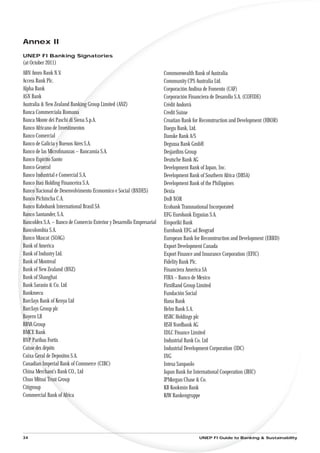 Annex II
UNEP FI Banking Signatories
(at October 2011)
ABN Amro Bank N.V.                                                     Commonwealth Bank of Australia
Access Bank Plc.                                                       Community CPS Australia Ltd.
Alpha Bank                                                             Corporación Andina de Fomento (CAF)
ASN Bank                                                               Corporación Financiera de Desarollo S.A. (COFIDE)
Australia & New Zealand Banking Group Limited (ANZ)                    Crèdit Andorrà
Banca Commerciala Romana                                               Credit Suisse
Banca Monte dei Paschi di Siena S.p.A.                                 Croatian Bank for Reconstruction and Development (HBOR)
Banco Africano de Investimentos                                        Daegu Bank, Ltd.
Banco Comercial                                                        Danske Bank A/S
Banco de Galicia y Buenos Aires S.A.                                   Degussa Bank GmbH
Banco de las Microﬁnanzas – Bancamia S.A.                              Desjardins Group
Banco Espírito Santo                                                   Deutsche Bank AG
Banco General                                                          Development Bank of Japan, Inc.
Banco Industrial e Comercial S.A.                                      Development Bank of Southern Africa (DBSA)
Banco Itaú Holding Financeira S.A.                                     Development Bank of the Philippines
Banco Nacional de Desenvolvimento Economico e Social (BNDES)           Dexia
Banco Pichincha C.A.                                                   DnB NOR
Banco Rabobank International Brasil SA                                 Ecobank Transnational Incorporated
Banco Santander, S.A.                                                  EFG Eurobank Ergasias S.A.
Bancoldex S.A. – Banco de Comercio Exterior y Desarrollo Empresarial   Emporiki Bank
Bancolombia S.A.                                                       Eurobank EFG ad Beograd
Banco Muscat (SOAG)                                                    European Bank for Reconstruction and Development (EBRD)
Bank of America                                                        Export Development Canada
Bank of Industry Ltd.                                                  Export Finance and Insurance Corporation (EFIC)
Bank of Montreal                                                       Fidelity Bank Plc.
Bank of New Zealand (BNZ)                                              Financiera America SA
Bank of Shanghai                                                       FIRA – Banco de Mexico
Bank Sarasin & Co. Ltd                                                 FirstRand Group Limited
Bankmecu                                                               Fundación Social
Barclays Bank of Kenya Ltd                                             Hana Bank
Barclays Group plc                                                     Helm Bank S.A.
Bayern LB                                                              HSBC Holdings plc
BBVA Group                                                             HSH Nordbank AG
BMCE Bank                                                              IDLC Finance Limited
BNP Paribas Fortis                                                     Industrial Bank Co. Ltd
Caisse des dépôts                                                      Industrial Development Corporation (IDC)
Caixa Geral de Depositos S.A.                                          ING
Canadian Imperial Bank of Commerce (CIBC)                              Intesa Sanpaolo
China Merchant’s Bank CO., Ltd                                         Japan Bank for International Cooperation (JBIC)
Chuo Mitsui Trust Group                                                JPMorgan Chase & Co.
Citigroup                                                              KB Kookmin Bank
Commercial Bank of Africa                                              KfW Bankengruppe




34                                                                                     UNEP FI Guide to Banking & Sustainability
 