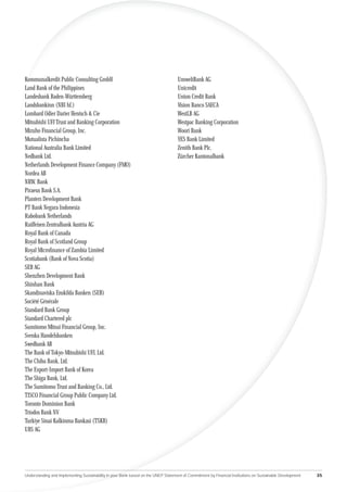 Kommunalkredit Public Consulting GmbH                                               UmweltBank AG
Land Bank of the Philippines                                                        Unicredit
Landesbank Baden-Württemberg                                                        Union Credit Bank
Landsbankinn (NBI hf.)                                                              Vision Banco SAECA
Lombard Odier Darier Hentsch & Cie                                                  WestLB AG
Mitsubishi UFJ Trust and Banking Corporation                                        Westpac Banking Corporation
Mizuho Financial Group, Inc.                                                        Woori Bank
Mutualista Pichincha                                                                YES Bank Limited
National Australia Bank Limited                                                     Zenith Bank Plc.
Nedbank Ltd.                                                                        Zürcher Kantonalbank
Netherlands Development Finance Company (FMO)
Nordea AB
NRW. Bank
Piraeus Bank S.A.
Planters Development Bank
PT Bank Negara Indonesia
Rabobank Netherlands
Raiffeisen Zentralbank Austria AG
Royal Bank of Canada
Royal Bank of Scotland Group
Royal Microﬁnance of Zambia Limited
Scotiabank (Bank of Nova Scotia)
SEB AG
Shenzhen Development Bank
Shinhan Bank
Skandinaviska Enskilda Banken (SEB)
Société Générale
Standard Bank Group
Standard Chartered plc
Sumitomo Mitsui Financial Group, Inc.
Svenka Handelsbanken
Swedbank AB
The Bank of Tokyo-Mitsubishi UFJ, Ltd.
The Chiba Bank, Ltd.
The Export-Import Bank of Korea
The Shiga Bank, Ltd.
The Sumitomo Trust and Banking Co., Ltd.
TISCO Financial Group Public Company Ltd.
Toronto Dominion Bank
Triodos Bank NV
Turkiye Sinai Kalkinma Bankasi (TSKB)
UBS AG




Understanding and Implementing Sustainability in your Bank based on the UNEP Statement of Commitment by Financial Institutions on Sustainable Development   35
 