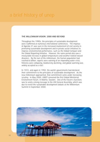 12
THE MILLENNIUM VISION: 2000 AND BEYOND
Throughout the 1990s, the principles of sustainable development
were reafﬁrmed at numerous international conferences. The impetus
of Agenda 21 was seen in the increased involvement of civil society in
promoting sustainable development and in private sector initiatives to
improve environmental performance, such as the Global Compact and
the Global Reporting Initiative. However, the same period also saw a
measurable increase in global temperatures and weather-related natural
disasters. By the turn of the millennium, the human population had
reached 6 billion, experts were warning of an impending water crisis,
ﬁsheries were collapsing, biodiversity declining, and global warming was
widely accepted as a fact.
In 1972, and again in 1992, the world’s governments had declared
their commitment to the principles of sustainable development. As the
new millennium approached, that commitment came under increasing
scrutiny. In May 2000, UNEP convened the ﬁrst Global Ministerial
Environment Forum, in Malmö, Sweden. One of the Forum’s functions
was to send a strong message to the UN General Assembly, which was
due to revisit the sustainable development debate at the Millennium
Summit in September 2000.
a brief history of unep
©
Kok
Ceng
Lim
/
UNEP
12
 
