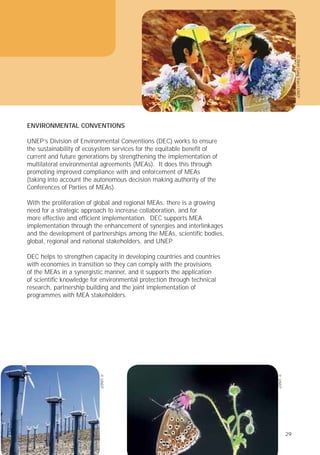 ©
Dinh
Cung
Tran
/
UNEP
ENVIRONMENTAL CONVENTIONS
UNEP’s Division of Environmental Conventions (DEC) works to ensure
the sustainability of ecosystem services for the equitable beneﬁt of
current and future generations by strengthening the implementation of
multilateral environmental agreements (MEAs). It does this through
promoting improved compliance with and enforcement of MEAs
(taking into account the autonomous decision making authority of the
Conferences of Parties of MEAs).
With the proliferation of global and regional MEAs, there is a growing
need for a strategic approach to increase collaboration, and for
more effective and efﬁcient implementation. DEC supports MEA
implementation through the enhancement of synergies and interlinkages
and the development of partnerships among the MEAs, scientiﬁc bodies,
global, regional and national stakeholders, and UNEP
.
DEC helps to strengthen capacity in developing countries and countries
with economies in transition so they can comply with the provisions
of the MEAs in a synergistic manner, and it supports the application
of scientiﬁc knowledge for environmental protection through technical
research, partnership building and the joint implementation of
programmes with MEA stakeholders.
29
©
UNEP
©
UNEP
29
 
