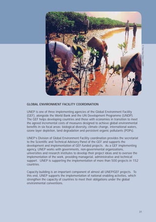31
The GEF helps developing countries and those with economies in transition to meet
the agreed incremental costs of measures designed to achieve global environmental
development and implementation of GEF-funded projects. As a GEF implementing
universities and research institutes to develop their project ideas and to oversee the
implementation of the work, providing managerial, administrative and technical
countries.
strengthen the capacity of countries to meet their obligations under the global
environmental conventions.
31
GLOBAL ENVIRONMENT FACILITY COORDINATION
UNEP is one of three implementing agencies of the Global Environment Facility
(GEF), alongside the World Bank and the UN Development Programme (UNDP).
beneﬁts in six focal areas: biological diversity, climate change, international waters,
ozone layer depletion, land degradation and persistent organic pollutants (POPs).
UNEP’s Division of Global Environment Facility coordination provides the secretariat
to the Scientiﬁc and Technical Advisory Panel of the GEF and supports the
agency, UNEP works with governments, non-governmental organizations,
support. UNEP is supporting the implementation of more than 500 projects in 152
Capacity building is an important component of almost all UNEP/GEF projects. To
this end, UNEP supports the implementation of national enabling activities, which
©
Tran
Huu
Chien
/
UNEP
 