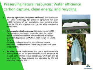 Preserving natural resources: Water efficiency,
    carbon capture, clean energy, and recycling
•    Precision agriculture and water efficiency: We invested in
     the latest technology for precision agriculture for over
     11,000 hectares of our plantations, thus reducing water
     usage by 20% and irrigation costs by 20% while maintaining
     record yields.

•    Carbon capture & clean energy: We capture over 30,000
     TM/year of CO2 in a project registered with the United
     Nation´s Clean Development Mechanism and use biogas
     generators to produce 5MW/hr of clean energy for sale to
     the grid.
     Our goal is to become carbon neutral in our banana
     operations, and become net carbon sequesters in our palm
     oil operations.

•    Recycling: We’ve implemented the use of environmentally
     friendly materials for the protection of bananas which can be
     re-used up to 3 times versus plastic bags, which can only be
     used once. We have reduced the costs/box by 7% and
     plastic bag usage by 66%.
 
