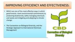 IMPROVING EFFICIENCY AND EFFECTIVENESS:
• MEA,S are one of the most effective ways in which
governments meet environmental commitments to
protecting biodiversity, safely managing chemicals
and waste and mitigating and adapting to climate
change.
• The Convention on Biological Diversity, and the
Strategic Approach to International Chemicals
Management
 