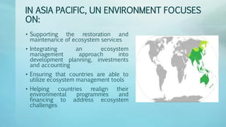IN ASIA PACIFIC, UN ENVIRONMENT FOCUSES
ON:
• Supporting the restoration and
maintenance of ecosystem services
• Integrating an ecosystem
management approach into
development planning, investments
and accounting
• Ensuring that countries are able to
utilize ecosystem management tools
• Helping countries realign their
environmental programmes and
financing to address ecosystem
challenges
 