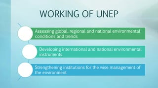 WORKING OF UNEP
Assessing global, regional and national environmental
conditions and trends
Developing international and national environmental
instruments
Strengthening institutions for the wise management of
the environment
 