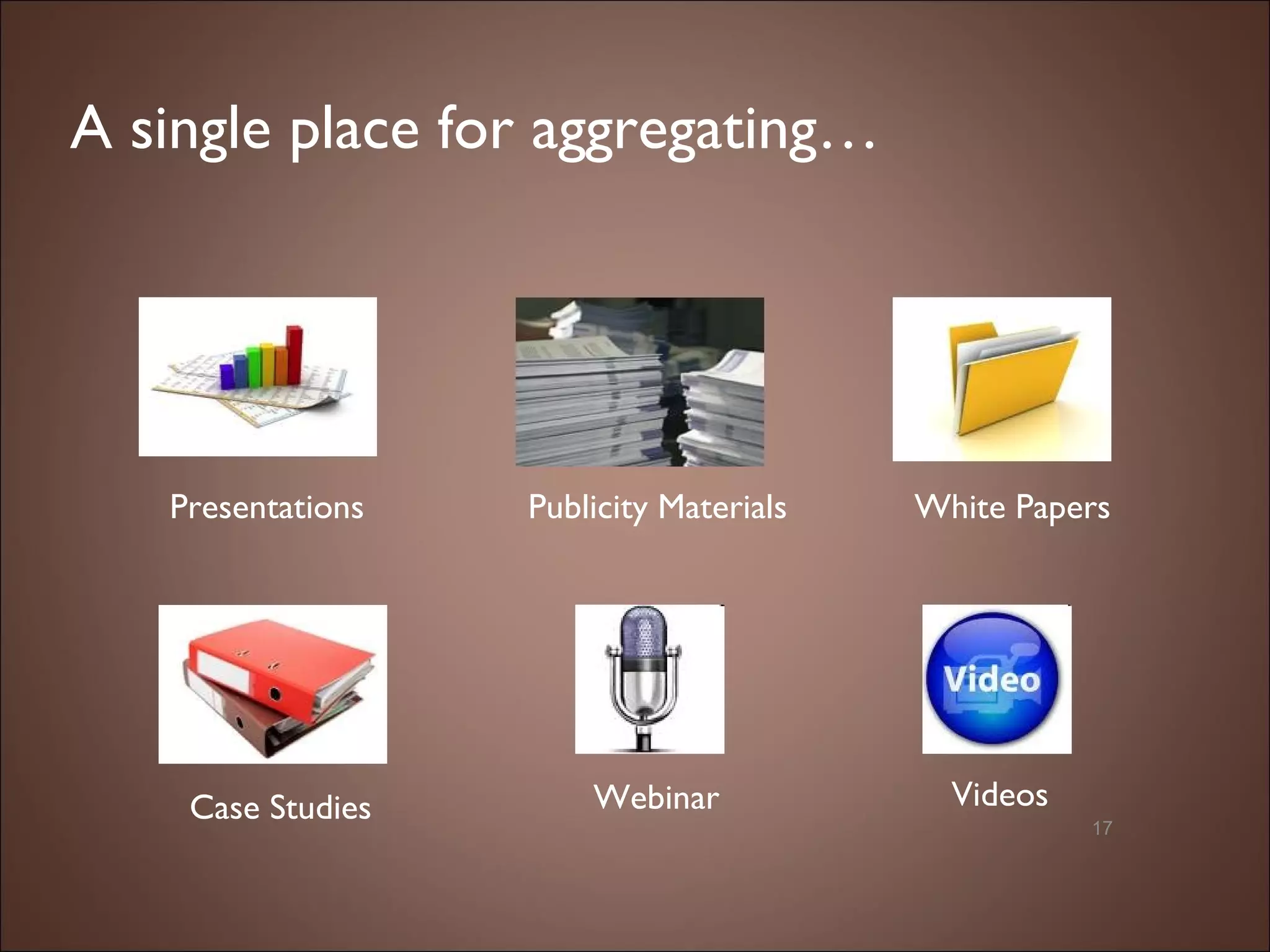 A single place for aggregating… Presentations Publicity Materials Case Studies White Papers Videos Webinar 