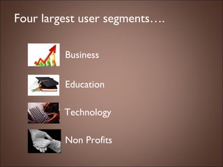 Four largest user segments…. Education Business Technology Non Profits 