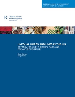 UNEQUAL HOPES AND LIVES IN THE U.S.
OPTIMISM (OR LACK THEREOF), RACE, AND
PREMATURE MORTALITY
Carol Graham
Sergio Pinto
GLOBAL ECONOMY & DEVELOPMENT
WORKING PAPER 104 | JUNE 2017
 
