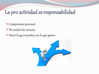 La pro actividad es responsabilidad
 Compromiso personal.
 No existen las excusas.
 Hacer lo que necesito y no lo que quiero.
 