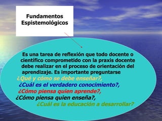 Fundamentos Espistemológicos Es una tarea de reflexión que todo docente o científico comprometido con la praxis docente debe realizar en el proceso de orientación del aprendizaje. Es importante preguntarse  ¿ Qué y cómo se debe enseñar?,   ¿Cuál es el verdadero conocimiento?,   ¿Cómo piensa quien aprende?,   ¿Cómo piensa quien enseña?,  ¿Cuál es la educación a desarrollar? 