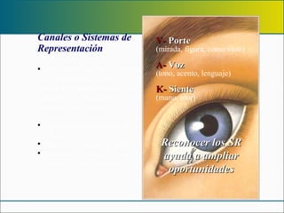 Canales o Sistemas de Representación ¿Qué hace que dos personas que observan el mismo suceso de explicaciones tan diferentes? ¿Qué pasa al conocer una persona? Representación mental de la realidad. Manera de captar la info. Selecciona y percibe la info. a través de los sentidos. Reconocer los SR ayuda a ampliar oportunidades V-  Porte   (mirada, figura, cómo viste) A-  Voz   (tono, acento, lenguaje) K-  Siente   (mano, olor) 