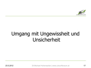 Umgang mit Ungewissheit und
             Unsicherheit



23.5.2012     DI Michael Hohenwarter | www.zukunftsraum.at   17
 