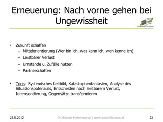 Erneuerung: Nach vorne gehen bei
             Ungewissheit

•   Zukunft schaffen
     – Mittelorientierung (Wer bin ich, was kann ich, wen kenne ich)
     – Leistbarer Verlust
     – Umstände u. Zufälle nutzen
     – Partnerschaften


•   Tools: Systemisches Leitbild, Katastophenfantasien, Analyse des
    Situationspotenzials, Entscheiden nach leistbarem Verlust,
    Ideensondierung, Gegensätze transformieren




23.5.2012                   DI Michael Hohenwarter | www.zukunftsraum.at   22
 