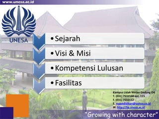 •Sejarah
•Visi & Misi
•Kompetensi Lulusan
•Fasilitas
                Kampus Lidah Wetan Gedung O4
                T. (031) 7532160 ext. 115
                F. (031) 7532112
                E. mpendidikan@yahoo.co.id
                W. http://fip.unesa.ac.id
 