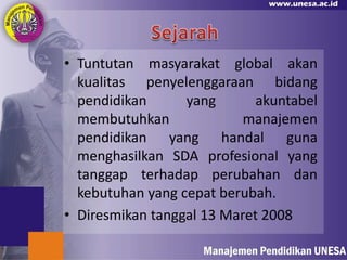 • Tuntutan masyarakat global akan
  kualitas penyelenggaraan bidang
  pendidikan      yang       akuntabel
  membutuhkan              manajemen
  pendidikan yang handal guna
  menghasilkan SDA profesional yang
  tanggap terhadap perubahan dan
  kebutuhan yang cepat berubah.
• Diresmikan tanggal 13 Maret 2008
 